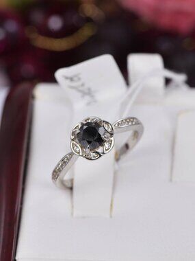 Natural Black Diamond w/ Natural Topaz Ring in 925 Sterling Silver sz 8